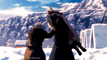 a screenshot of a folksongs shows two men fighting in the snow