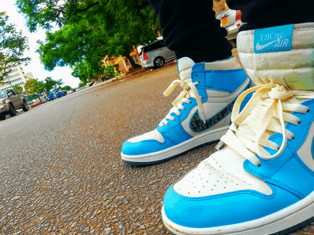 a pair of blue and white dior air sneakers