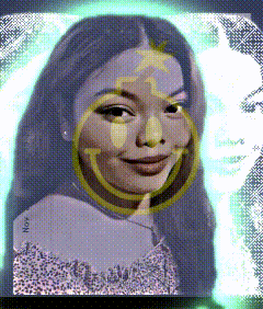 a portrait of a woman with a smiley face around her face