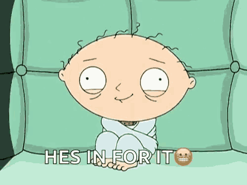 a cartoon character sitting on a couch with the words he 's in for it behind him