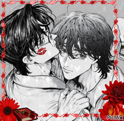 a black and white drawing of a man kissing another man with red lipstick