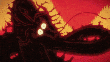 a drawing of a monster with glowing eyes against a red background