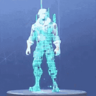 a statue of a man in a futuristic outfit is standing on a podium .