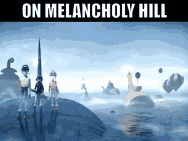 a poster for on melancholy hill shows a group of people standing in the water