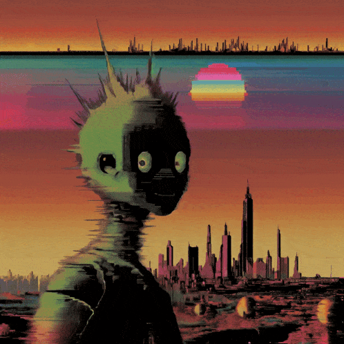a colorful painting of a statue of liberty with a city in the background