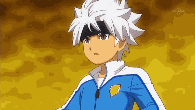 a boy with white hair and a blue jacket is on a tv show called bs japan