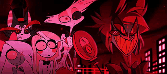 a group of cartoon characters are standing next to each other .