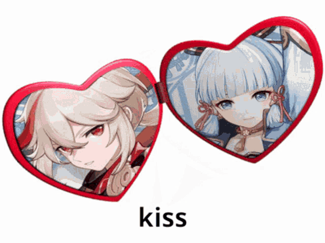 a heart shaped mirror with two anime characters on it and the word kiss underneath