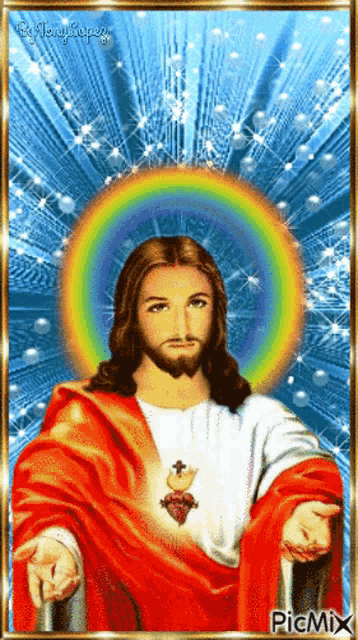 a painting of jesus with a rainbow surrounding him