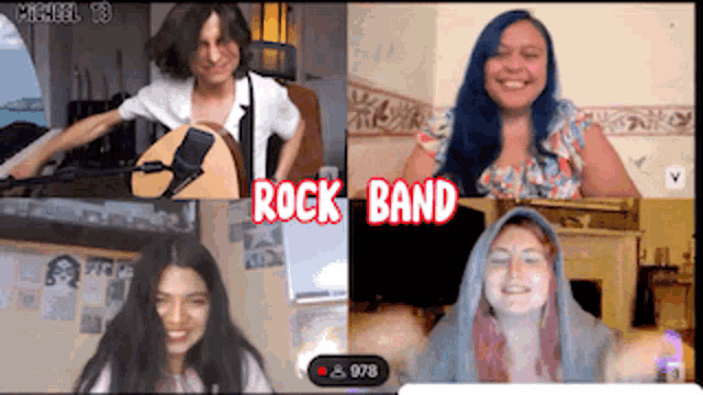 a group of people on a video call with the words rock band on the top