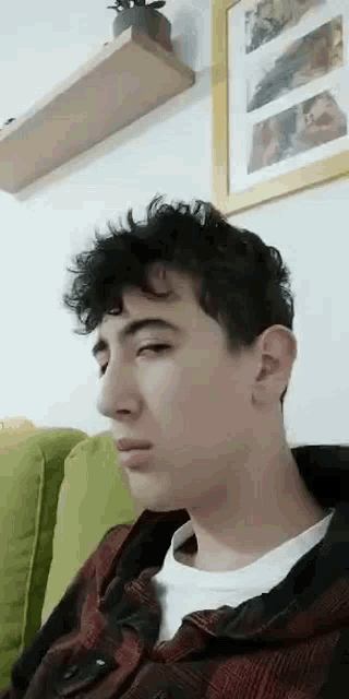 a young man is sitting on a couch in a living room .