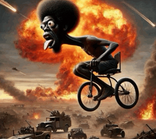 a cartoon of a man riding a bike in front of a huge explosion