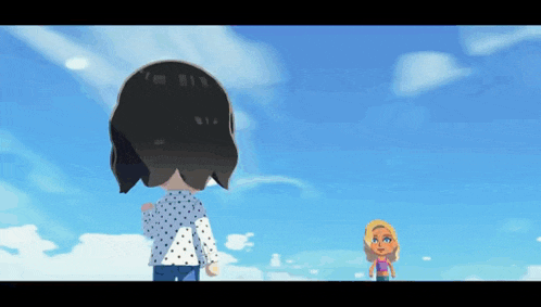 two cartoon characters standing next to each other against a blue sky