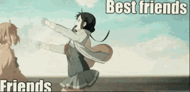 two anime girls are hugging each other with the words " best friends " written above them