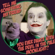 a joker holding a gun with the words " tell me something my friend " above him