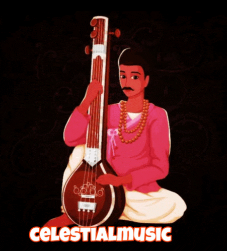 an illustration of a man playing a musical instrument with the words celestial music below
