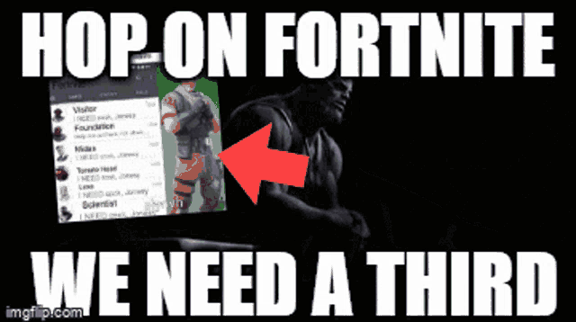 thanos is holding a phone with a screen that says hop on fortnite we need a third ..