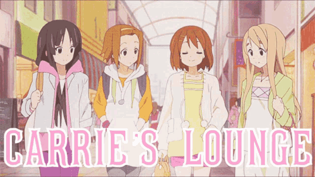 a group of anime girls standing next to each other with carrie 's lounge written in white letters