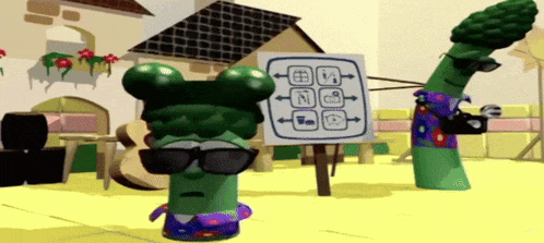 a couple of cartoon characters standing next to each other one of which has sunglasses on