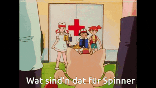 a group of cartoon characters are standing in front of a red cross ..