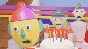 a cartoon character with a surprised look on his face stands next to a cake with candles