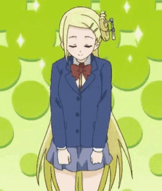 a blonde anime girl in a blue suit bows her head in front of a green background