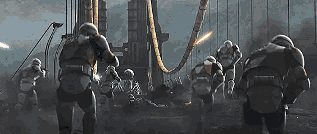 a group of stormtroopers are walking across a bridge in front of a building .
