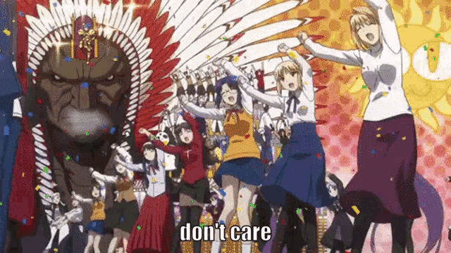 a group of people are dancing in front of a gorilla wearing a native american headdress and the words do n't care