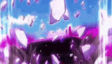 a purple and blue background with a few pieces of ice flying in the air