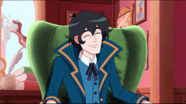 a cartoon character is smiling and sitting in a chair