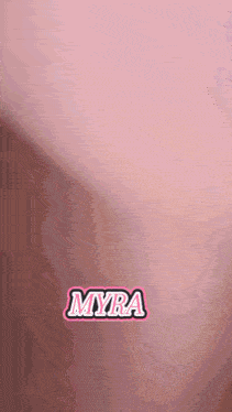 a close up of a person 's face with the name myra written in pink