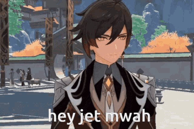 a cartoon character says hey jet mwah in front of a building