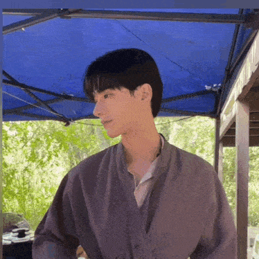 a man standing under a blue tent looking at something