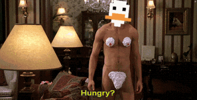 a naked man is standing in a living room with the word hungry on the bottom right