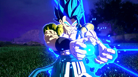 a cartoon character with blue hair is standing in the grass