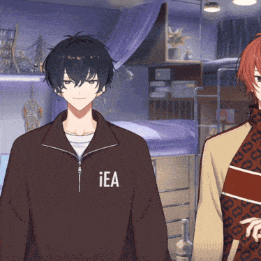 a man wearing a brown jacket with the word iea on the front