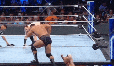 two men are wrestling in a wrestling ring while a referee watches