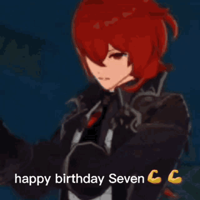 a cartoon character with red hair is holding a gun and says happy birthday seven