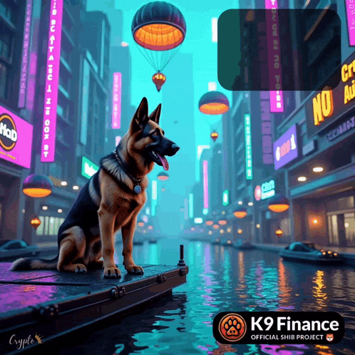 a painting of a german shepherd sitting on a dock with the words k9 finance on the bottom