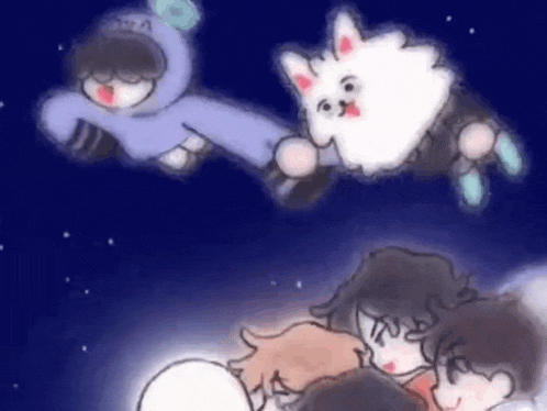 a drawing of a group of people flying through the air with a dog .