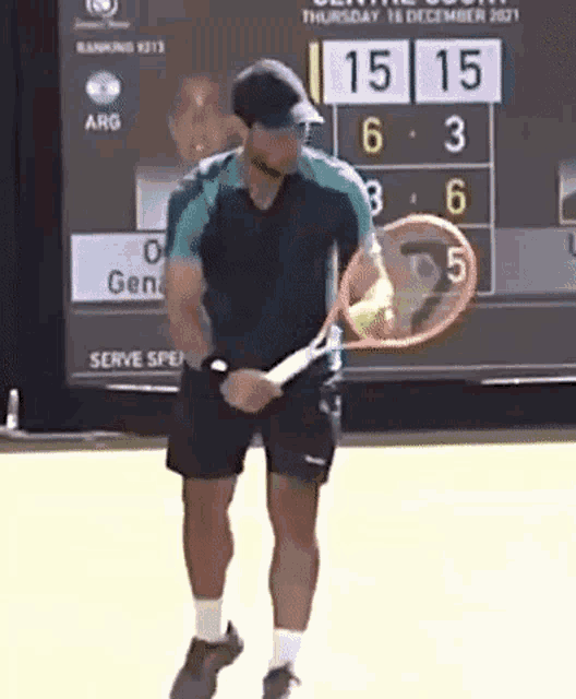 a man is holding a tennis racquet in front of a scoreboard that says 15 15 on it