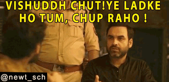 a man in a black shirt is talking to a police officer in a meme
