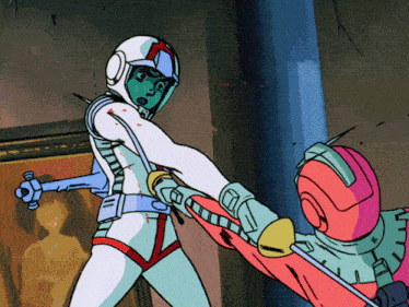 a cartoon of a man holding a sword and a woman holding a sword