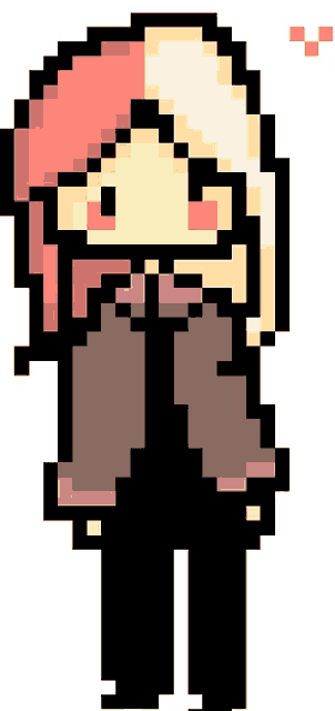 a pixel art drawing of a girl with glasses and pink hair