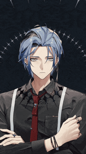 a man with blue hair wearing suspenders and a black shirt