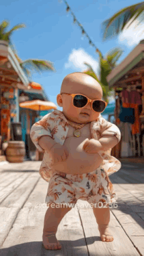 a baby wearing sunglasses and a shirt and shorts is standing on a wooden deck .