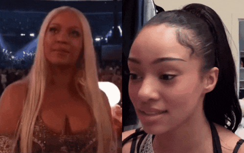 a woman with long blonde hair stands next to a woman with black hair