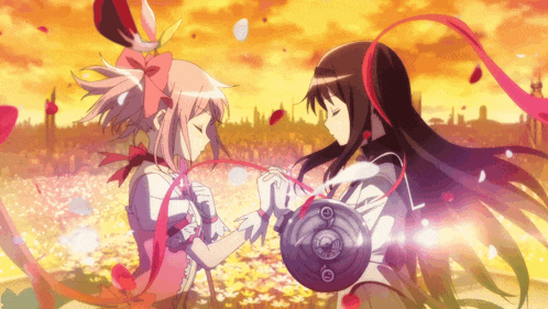 a couple of anime girls holding hands with one holding a sword