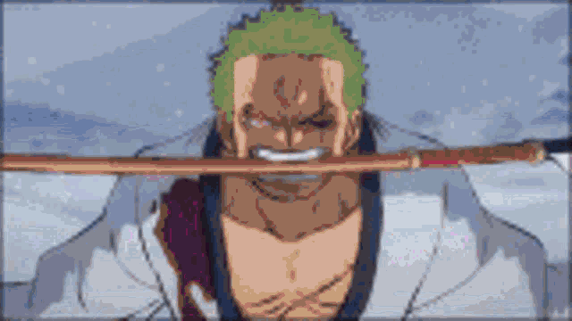 a man with green hair and a sword in his mouth .