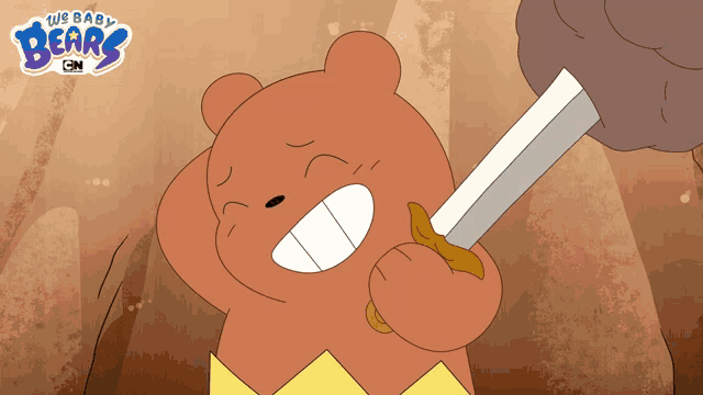 a cartoon of a teddy bear holding a sword with the words we baby bears behind it